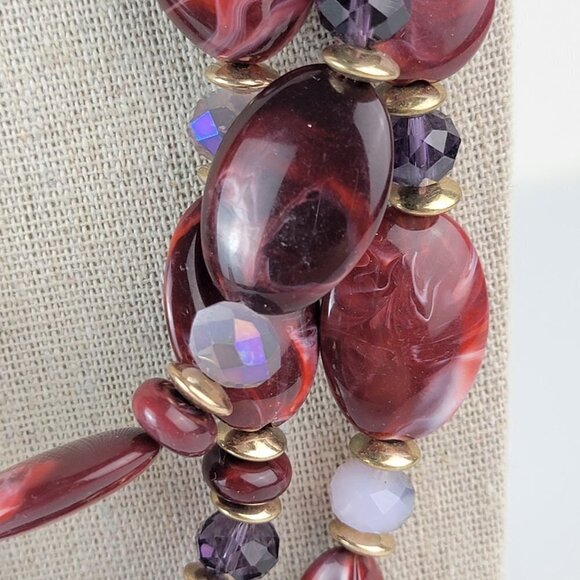 Dark Red Maroon Acrylic Bead Rope Cord Statement Necklace 35" Gold-Tone - Picture 7 of 12